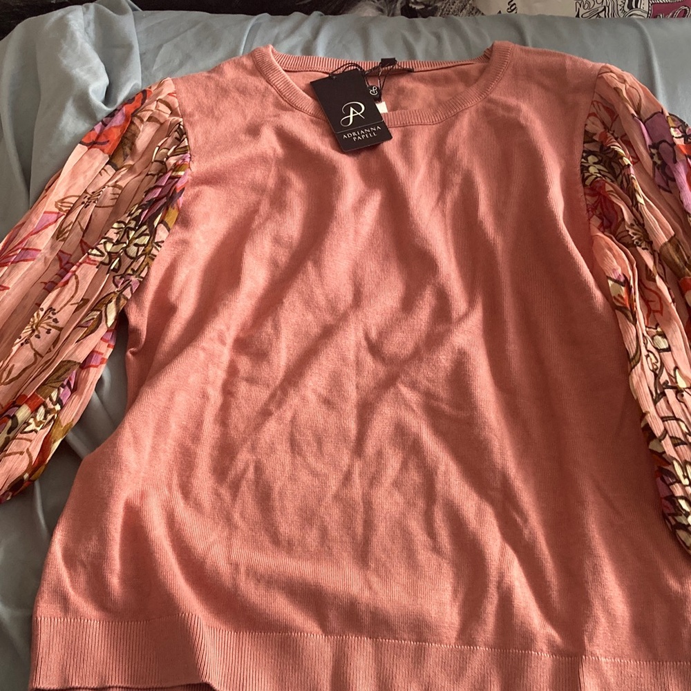 NWT Adrianna Papell pleated floral sleeve sweater L